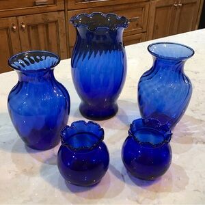 Cobalt blue glass flower vases set of five